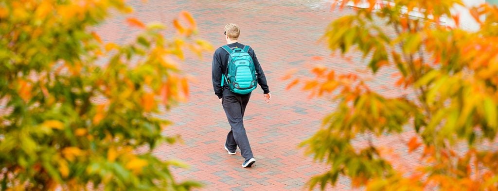 A student with a teal backpack walking away with fall leaves on either side of him.