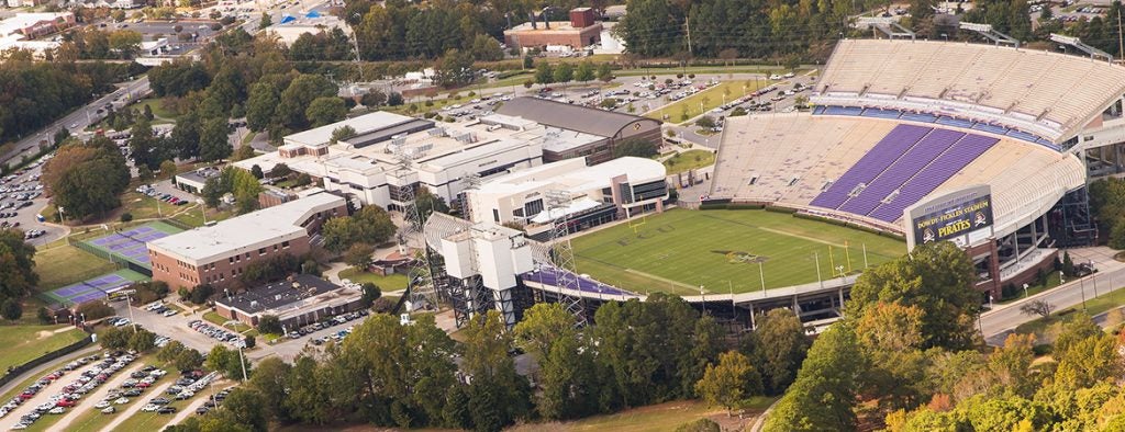 Aerial shot of the ECU football stadium