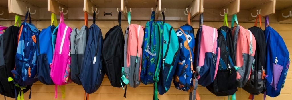 A row of variously sized and colored backpacks hanging on hooks.